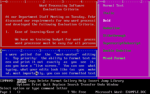 Microsoft Word 1.15 Multiple Windows and Colors (1984)